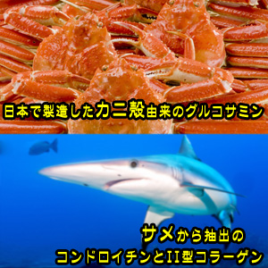 日本で製造したカニ殻由来のグルコサミンと、サメから抽出のコンドロイチンとⅡ型コラーゲン